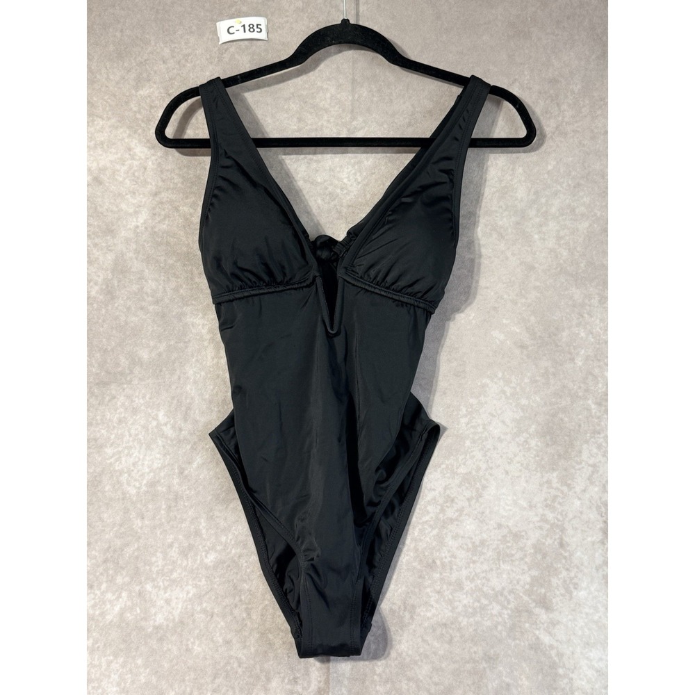 Shade & Shore Full Coverage Plunge Tie Back Black Swimsuit Sz S MSRP $45